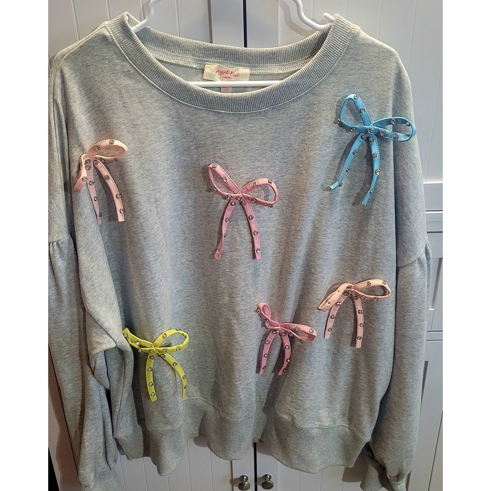 Peach Love California Gray Sweatshirt 3D Pastel Bows Rhinestone Embellished L